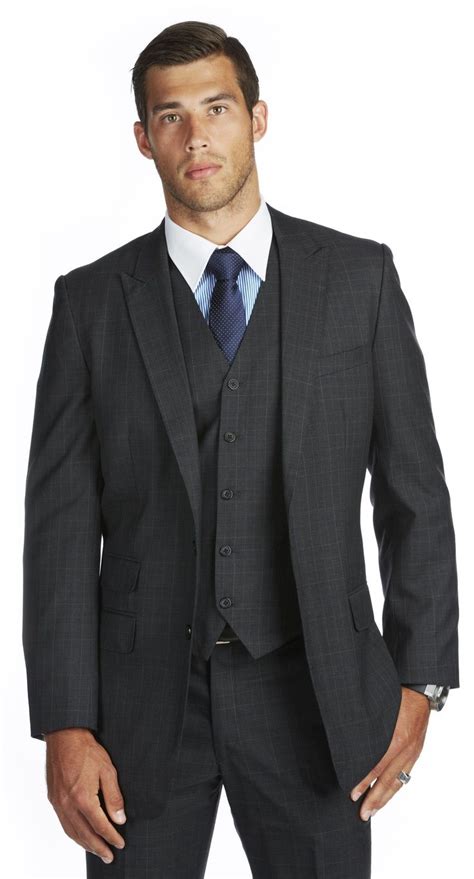 charcoal suit with navy tie.